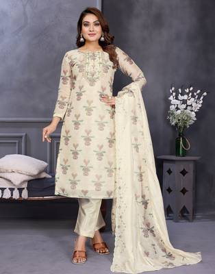  white hand work chanderi silk unstitched salwar kameez set 1