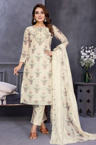  white hand work chanderi silk unstitched salwar kameez set