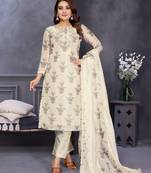  white hand work chanderi silk unstitched salwar kameez set