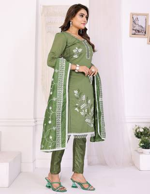 green hand work chanderi cotton unstitched salwar kameez set 3