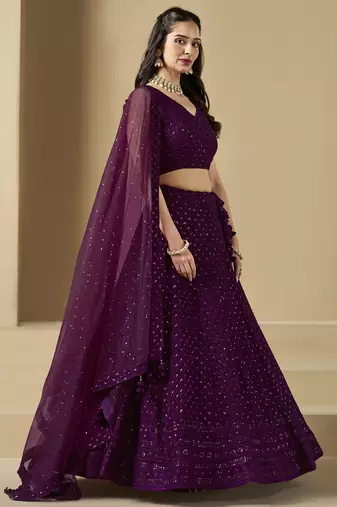 Wine colored sequins & thread embroidered georgette designer indian wedding bridal party wear lehenga dress