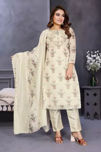  white hand work chanderi silk unstitched salwar kameez set