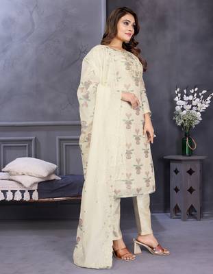  white hand work chanderi silk unstitched salwar kameez set 3