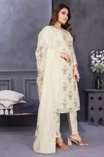 white hand work chanderi silk unstitched salwar kameez set