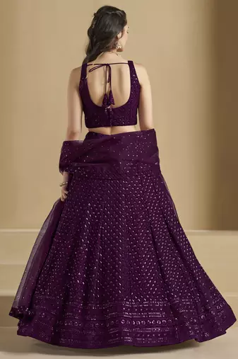 Wine colored sequins & thread embroidered georgette designer indian wedding bridal party wear lehenga dress