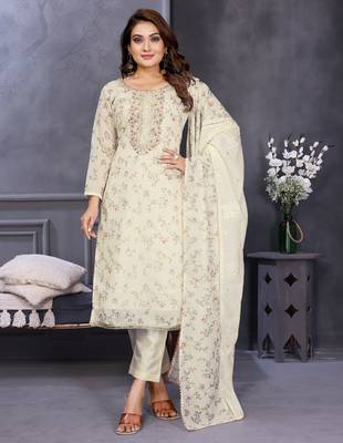 Original hand work chanderi silk unstitched salwar kameez set (reva-white) 1