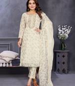 Original hand work chanderi silk unstitched salwar kameez set (reva-white)