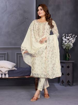Original hand work chanderi silk unstitched salwar kameez set (reva-white) 2