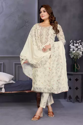 Original hand work chanderi silk unstitched salwar kameez set (reva-white)