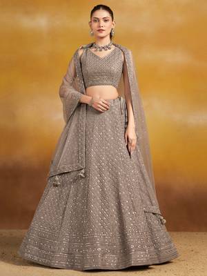 Grey sequins and thread embroidered georgette engagement & wedding party wear indian lehenga dress 1