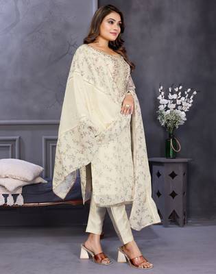 Original hand work chanderi silk unstitched salwar kameez set (reva-white) 3