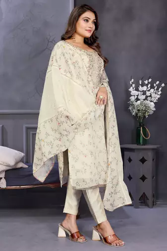 Original hand work chanderi silk unstitched salwar kameez set (reva-white)