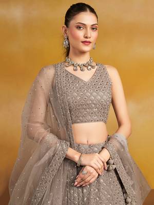 Grey sequins and thread embroidered georgette engagement & wedding party wear indian lehenga dress 2