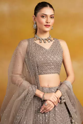 Grey sequins and thread embroidered georgette engagement & wedding party wear indian lehenga dress
