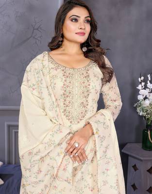 Original hand work chanderi silk unstitched salwar kameez set (reva-white) 4