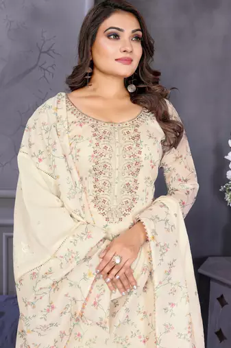 Original hand work chanderi silk unstitched salwar kameez set (reva-white)