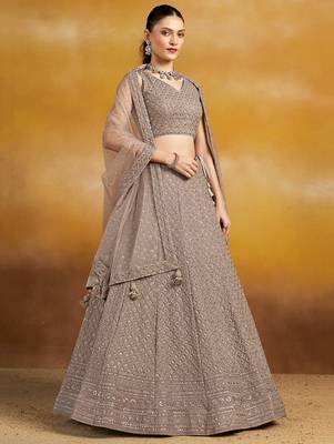 Grey sequins and thread embroidered georgette engagement & wedding party wear indian lehenga dress 3