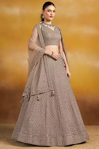 Grey sequins and thread embroidered georgette engagement & wedding party wear indian lehenga dress