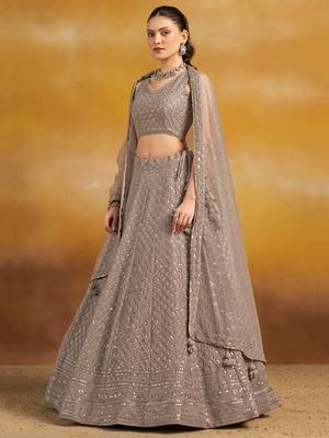 Grey sequins and thread embroidered georgette engagement & wedding party wear indian lehenga dress 4