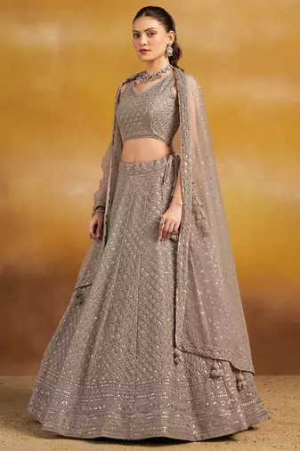 Grey sequins and thread embroidered georgette engagement & wedding party wear indian lehenga dress