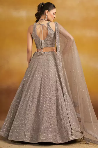 Grey sequins and thread embroidered georgette engagement & wedding party wear indian lehenga dress