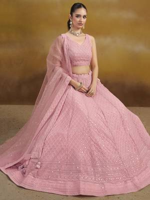 Fabulous Light Pink sequins & thread embroidered georgette wedding & party wear indian designer lehenga choli dress 3