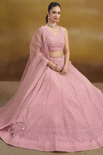 Fabulous Light Pink sequins & thread embroidered georgette wedding & party wear indian designer lehenga choli dress