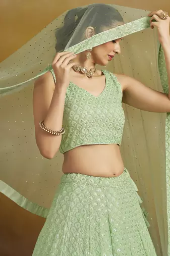 Gorgeous Mint Green sequins and thread embroidered georgette designer indian wedding & party wear lehenga choli dress
