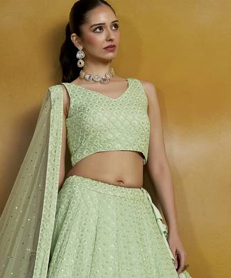 Gorgeous Mint Green sequins and thread embroidered georgette designer indian wedding & party wear lehenga choli dress 3