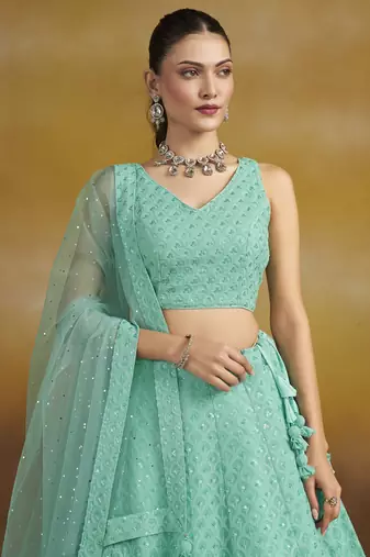 Sky Blue sequins & thread embroidered georgette engagement wedding & party wear indian designer lehenga dress