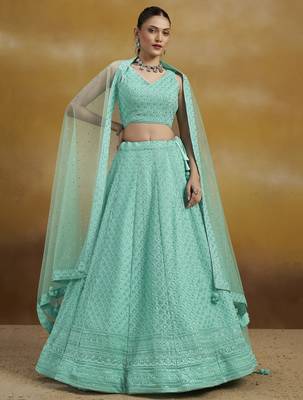 Sky Blue sequins & thread embroidered georgette engagement wedding & party wear indian designer lehenga dress 3