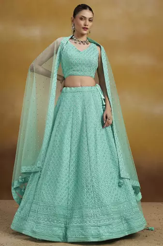 Sky Blue sequins & thread embroidered georgette engagement wedding & party wear indian designer lehenga dress