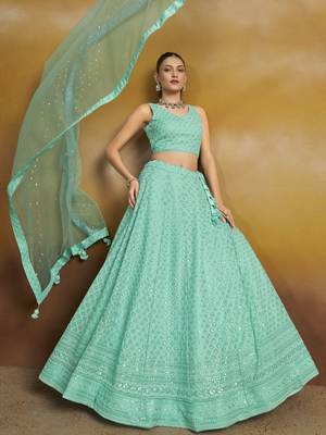 Sky Blue sequins & thread embroidered georgette engagement wedding & party wear indian designer lehenga dress 5