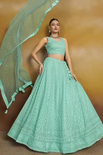 Sky Blue sequins & thread embroidered georgette engagement wedding & party wear indian designer lehenga dress