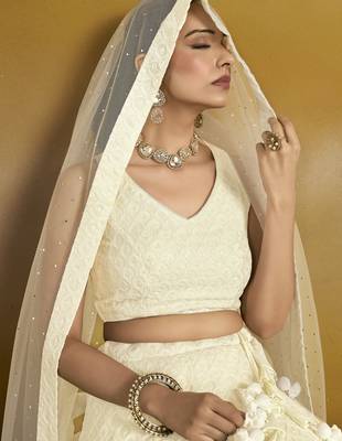 Delightful White sequins & thread embroidered georgette wedding reception engagement and party wear indian lehenga dress 2