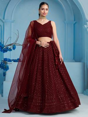 Fabulous Maroon sequins and thread embroidered georgette reception wear indian wedding designer lehenga dress 1