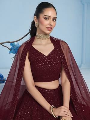 Fabulous Maroon sequins and thread embroidered georgette reception wear indian wedding designer lehenga dress 2