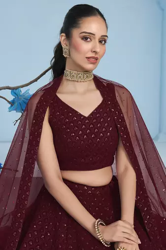 Fabulous Maroon sequins and thread embroidered georgette reception wear indian wedding designer lehenga dress