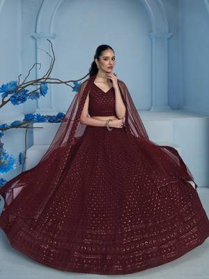 Fabulous Maroon sequins and thread embroidered georgette reception wear indian wedding designer lehenga dress 3