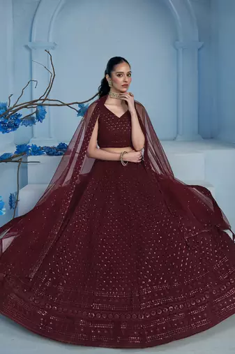 Fabulous Maroon sequins and thread embroidered georgette reception wear indian wedding designer lehenga dress