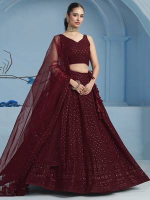 Fabulous Maroon sequins and thread embroidered georgette reception wear indian wedding designer lehenga dress 4