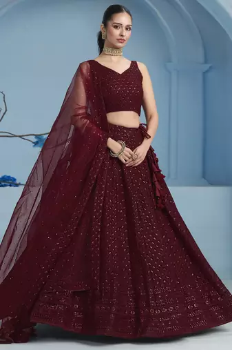 Fabulous Maroon sequins and thread embroidered georgette reception wear indian wedding designer lehenga dress