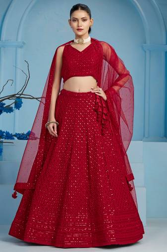 red colored sequins and thread embroidered georgette lehenga dress