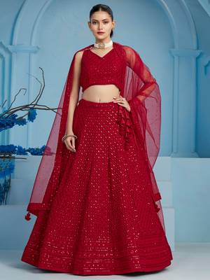 red colored sequins and thread embroidered georgette lehenga dress 1