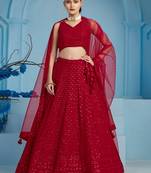 red colored sequins and thread embroidered georgette lehenga dress