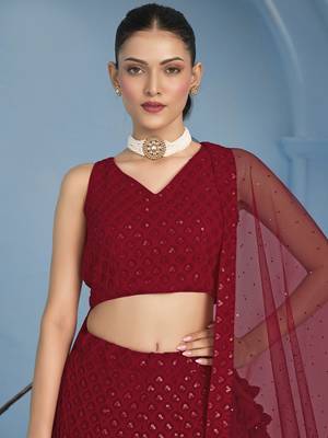 red colored sequins and thread embroidered georgette lehenga dress 2