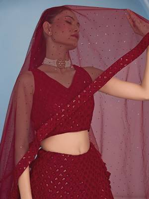 red colored sequins and thread embroidered georgette lehenga dress 3