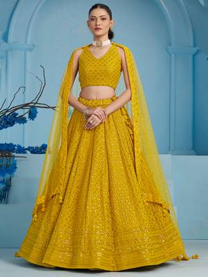 Mustard yellow sequins & thread embroidered georgette reception wear indian wedding bridal lehenga choli dress 1