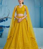 Mustard yellow sequins & thread embroidered georgette reception wear indian wedding bridal lehenga choli dress