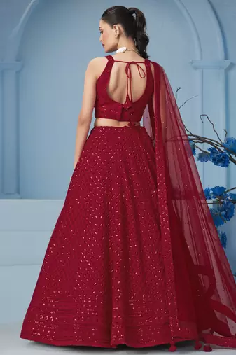 red colored sequins and thread embroidered georgette lehenga dress